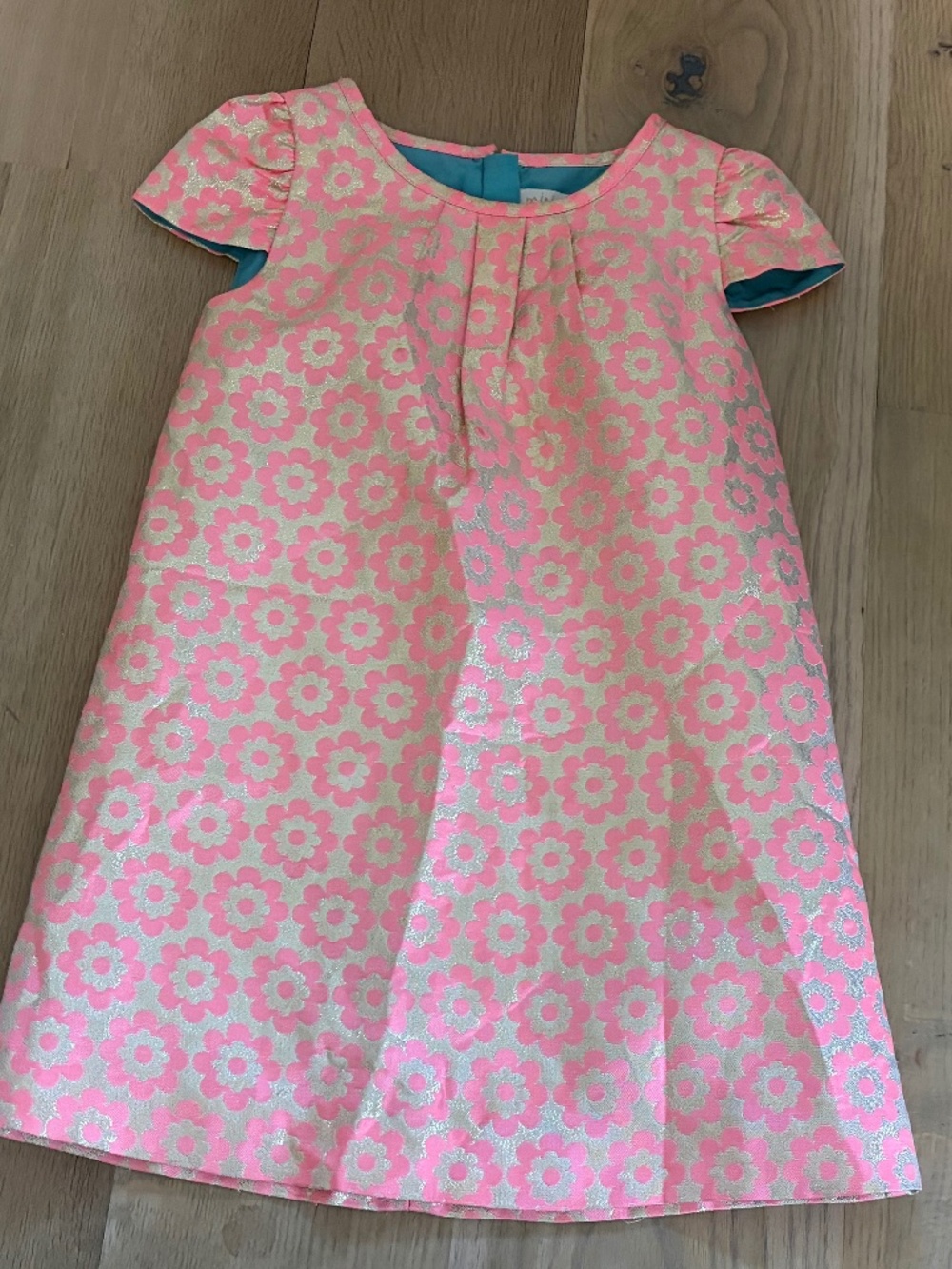 MINI BODEN GIRL'S PINK GOLD BROCADE LINED FLORAL DRESS SIZE 4 5